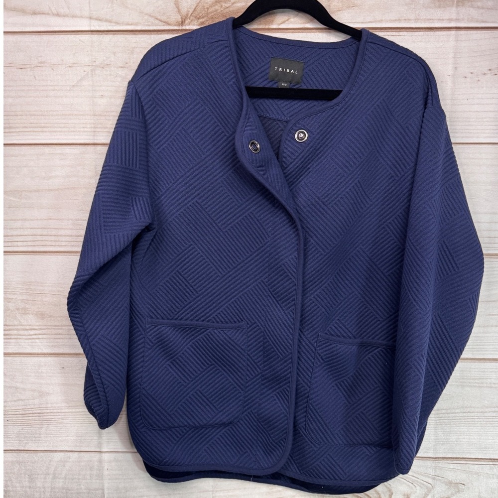 Tribal Navy Blue Quilted Geometric Snap Front Jacket‎ Women Medium